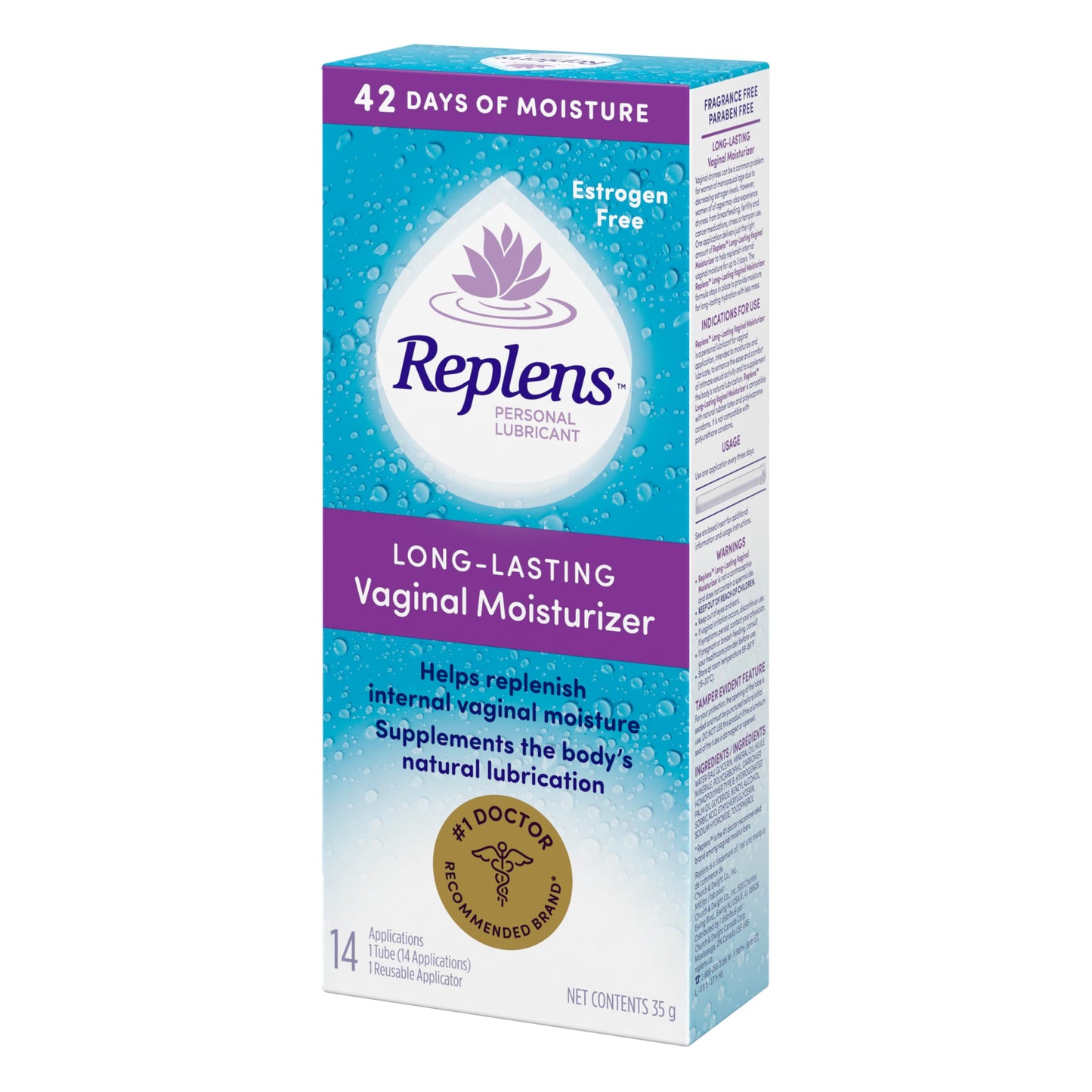 Replens Long-Lasting Vaginal Moisturizer and Lubricant, Replenish internal vaginal moisture, Immediate relief, Paraben free, Estrogen Free, Fragrance Free, 14 Applications, 35 g - Available at All In One Marketplace Canada