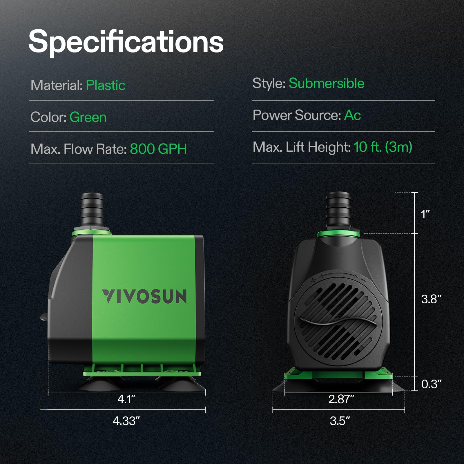 VIVOSUN 800GPH Submersible Pump(3000L/H, 24W), Ultra Quiet Water Pump with 10ft High Lift, Fountain Pump with 5ft Power Cord, 3 Nozzles for Fish Tank, Pond, Aquarium, Statuary, Hydroponics