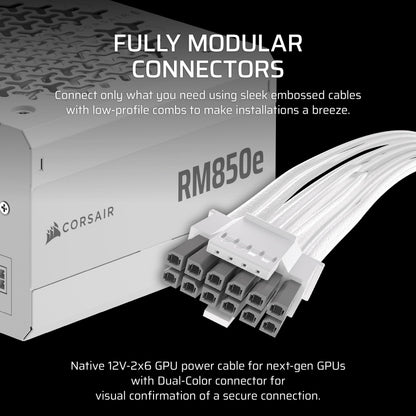 CORSAIR RM850e (2025) Fully Modular Low-Noise ATX Power Supply with 12V-2x6 Cable – ATX 3.1 & PCIe 5.1 Compliant, Cybenetics Gold Efficiency, 105°C-Rated Capacitors, Modern Standby Mode – White 🍁 All In One Marketplace Canada