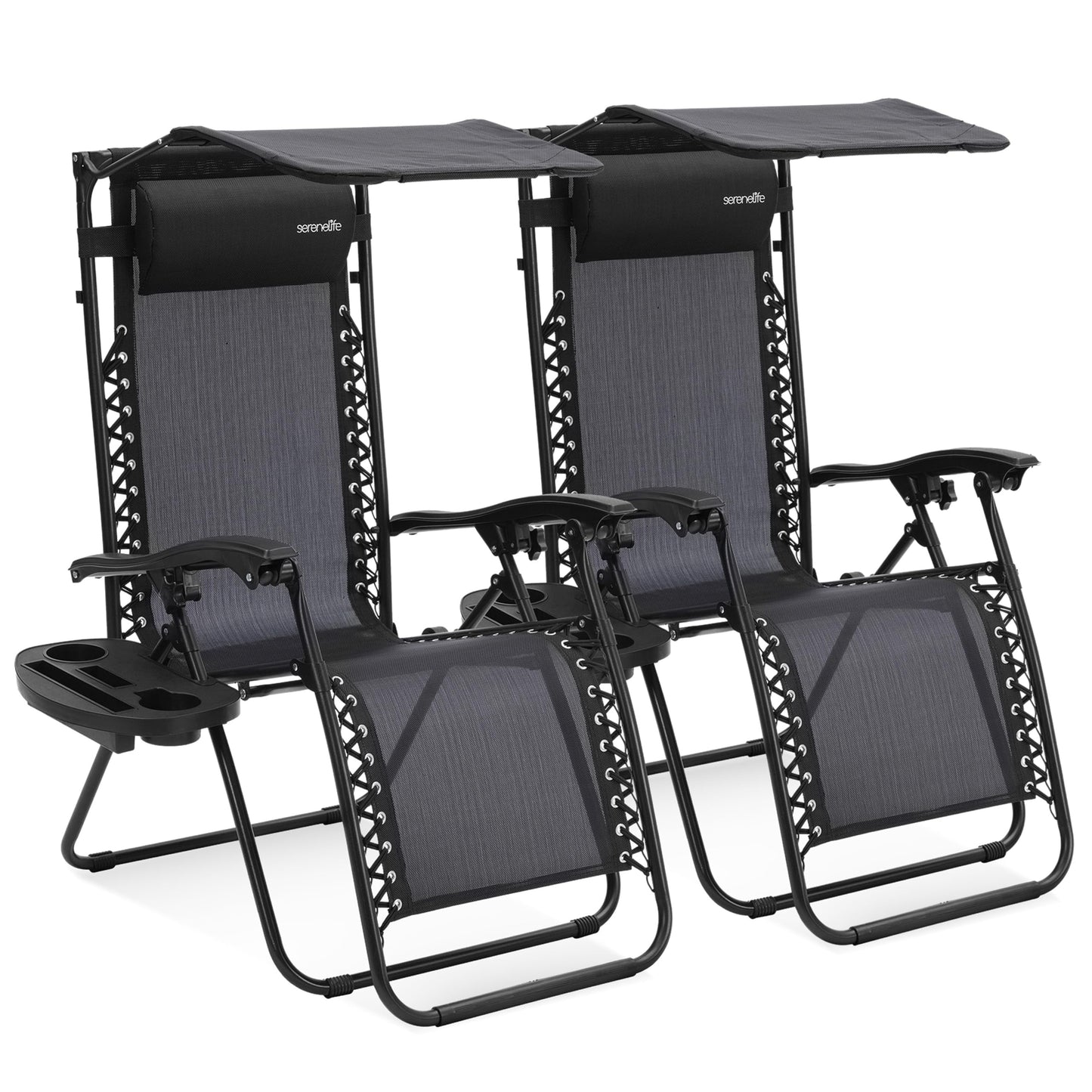 SereneLife Zero Gravity Reclining Chairs Set of 2 – Adjustable Folding Patio & Beach Lounge Chairs with Cup Holder Tray, Removable Padded Headrest, Weather-Resistant SereneLife
