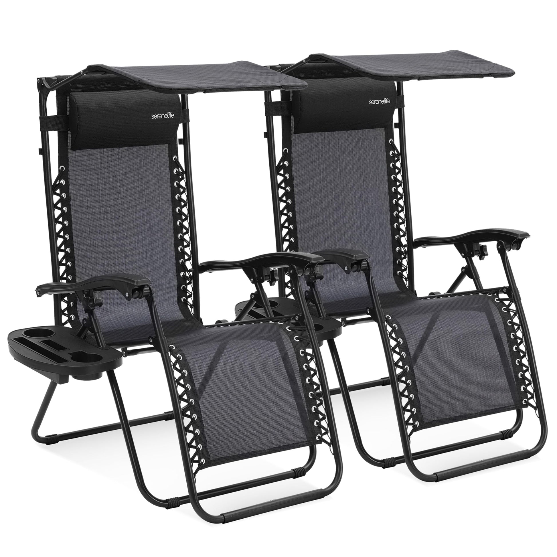 SereneLife Zero Gravity Reclining Chairs Set of 2 – Adjustable Folding Patio & Beach Lounge Chairs with Cup Holder Tray, Removable Padded Headrest, Weather-Resistant SereneLife