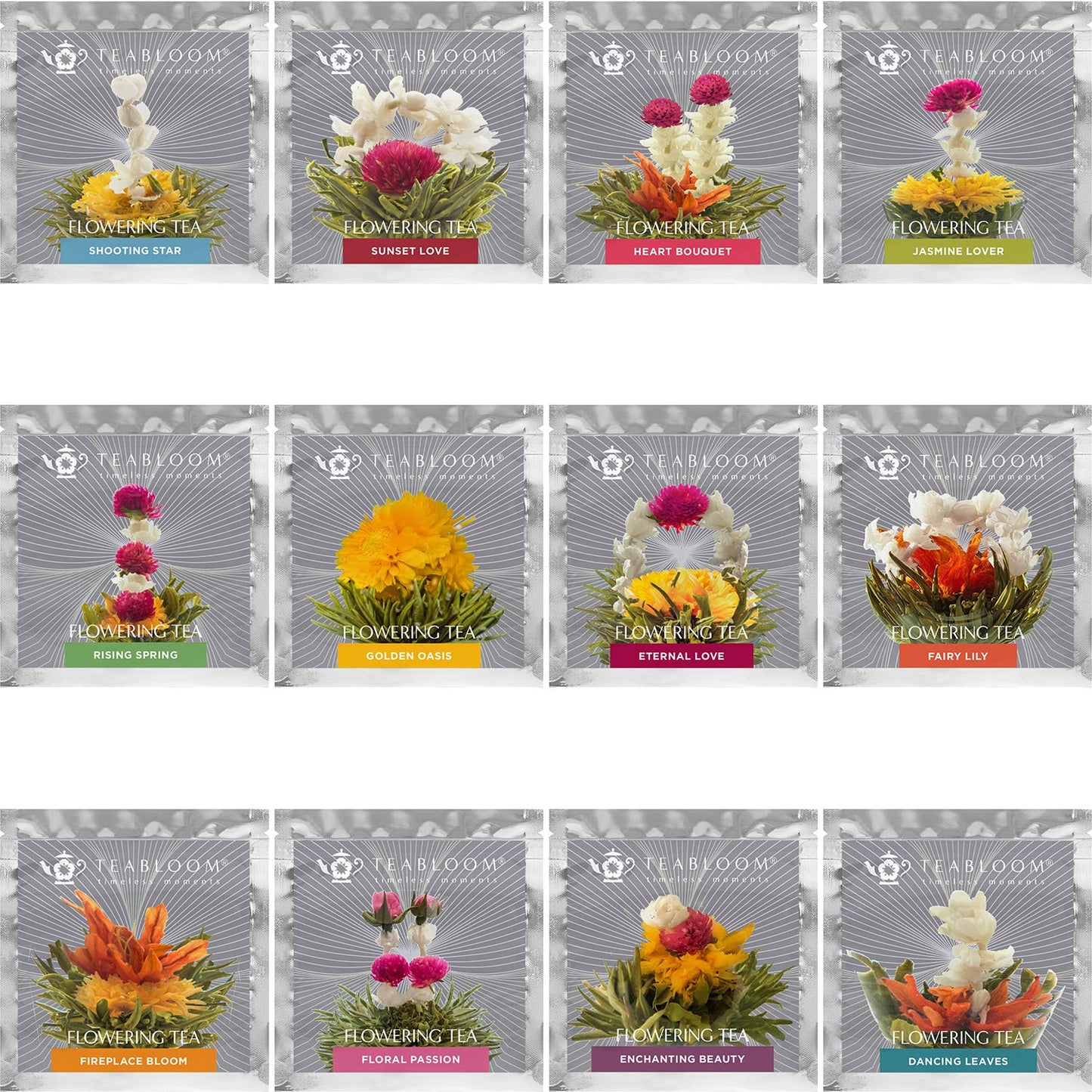 Teabloom Flowering Tea Gift Set - 12 Hand-Tied Blooming Tea Varieties - Green Tea with Edible Flowers - Premium Gift Canister - 36 Infusions, Up to 250 Cups