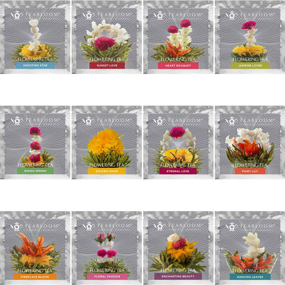 Teabloom Flowering Tea Gift Set - 12 Hand-Tied Blooming Tea Varieties - Green Tea with Edible Flowers - Premium Gift Canister - 36 Infusions, Up to 250 Cups