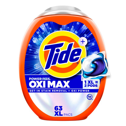 Tide Oxi Max Power PODS Laundry Detergent Pods, Stain Remover Plus Oxi Power, Detergent soap pacs for laundry washing, HE compatible, 63 Count 🍁 All In One Marketplace Canada