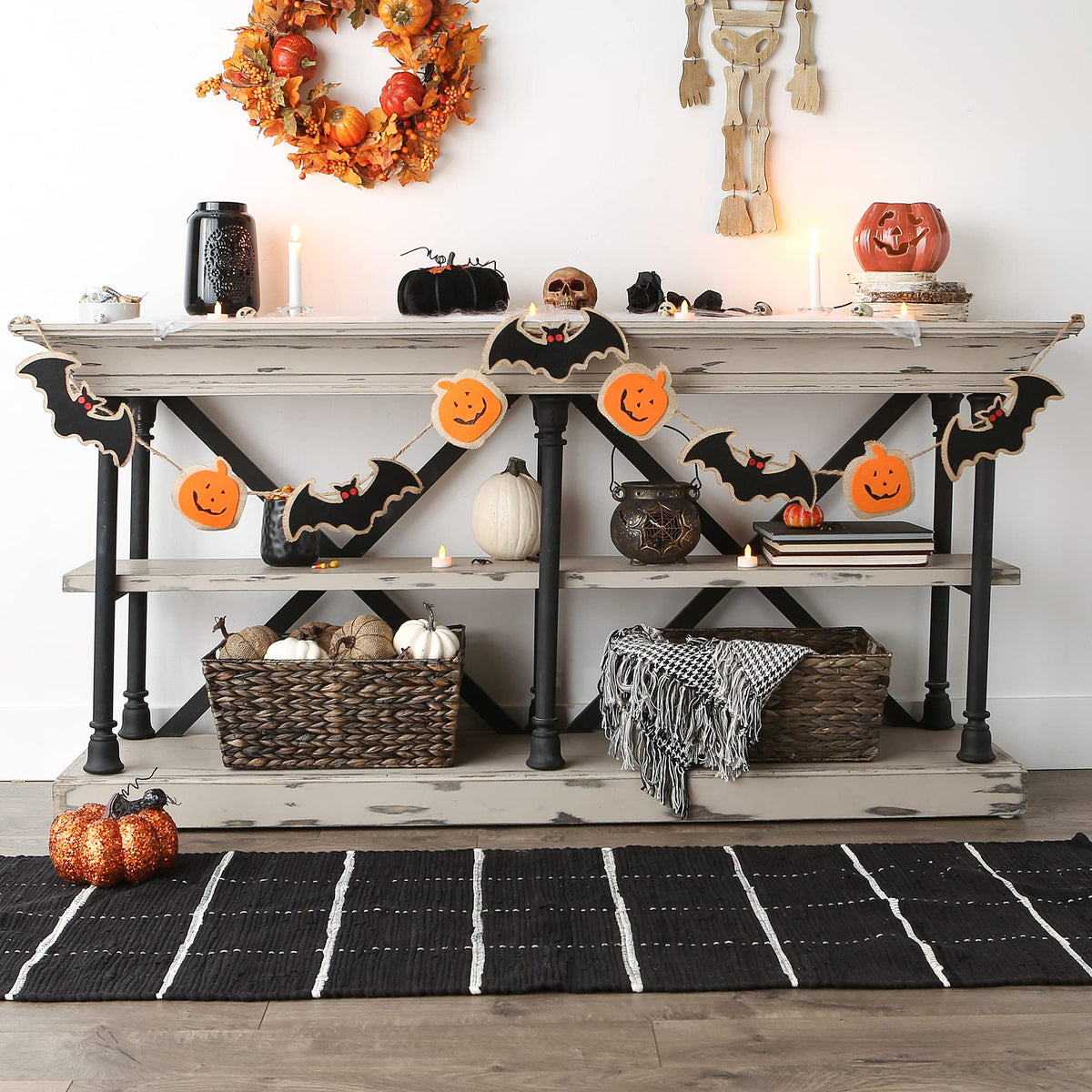Décorations d'automne et de fête DII, décorations d'Halloween effrayantes pour l'intérieur et le porche, guirlande, 183 cm de long, chauve-souris et citrouille