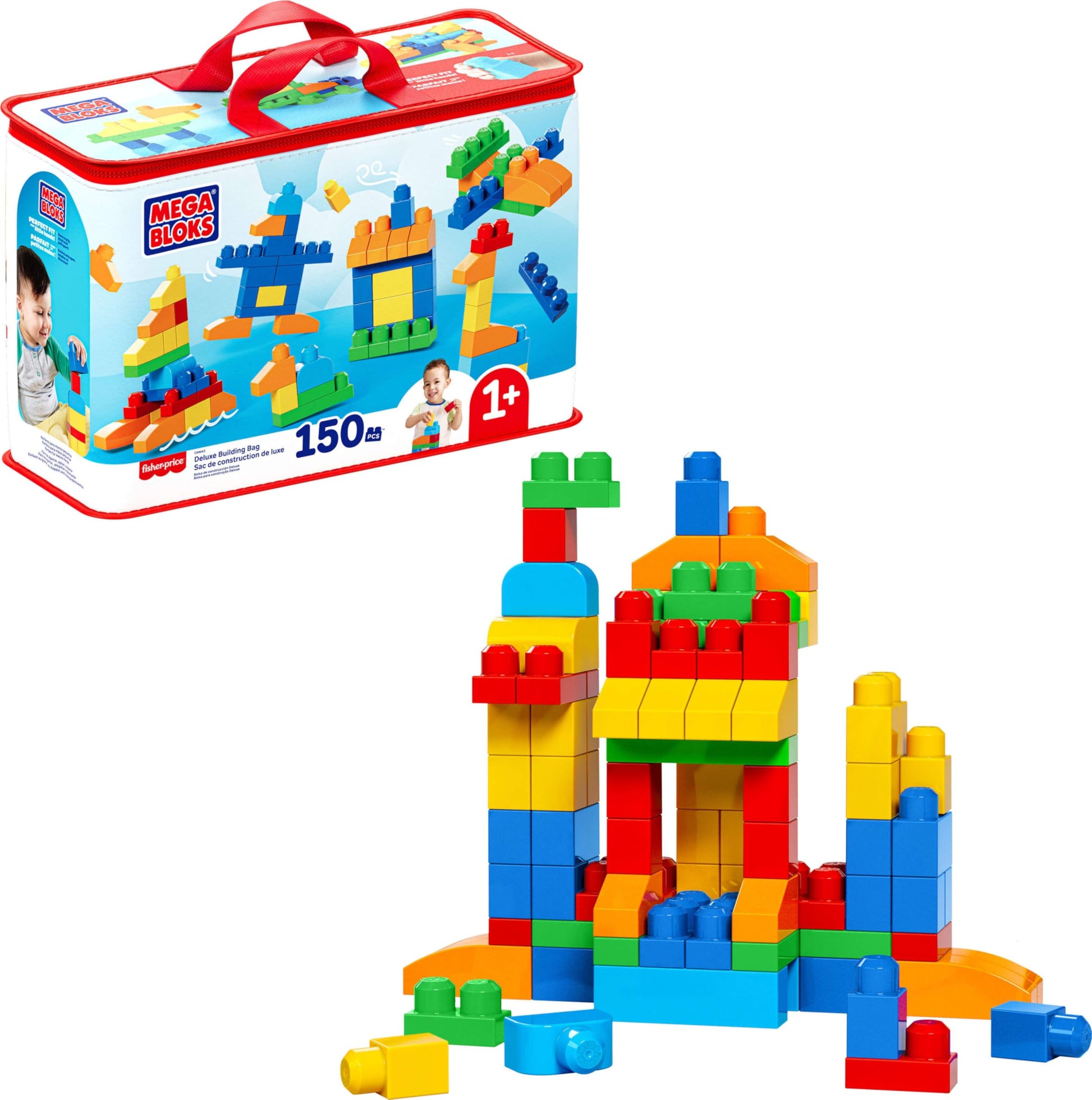 MEGA BLOKS First Builders Toddler Blocks Toys Set, Deluxe Building Bag with 150 Pieces and Storage, Blue, Ages 1+ Years