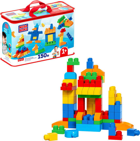 MEGA BLOKS First Builders Toddler Blocks Toys Set, Deluxe Building Bag with 150 Pieces and Storage, Blue, Ages 1+ Years