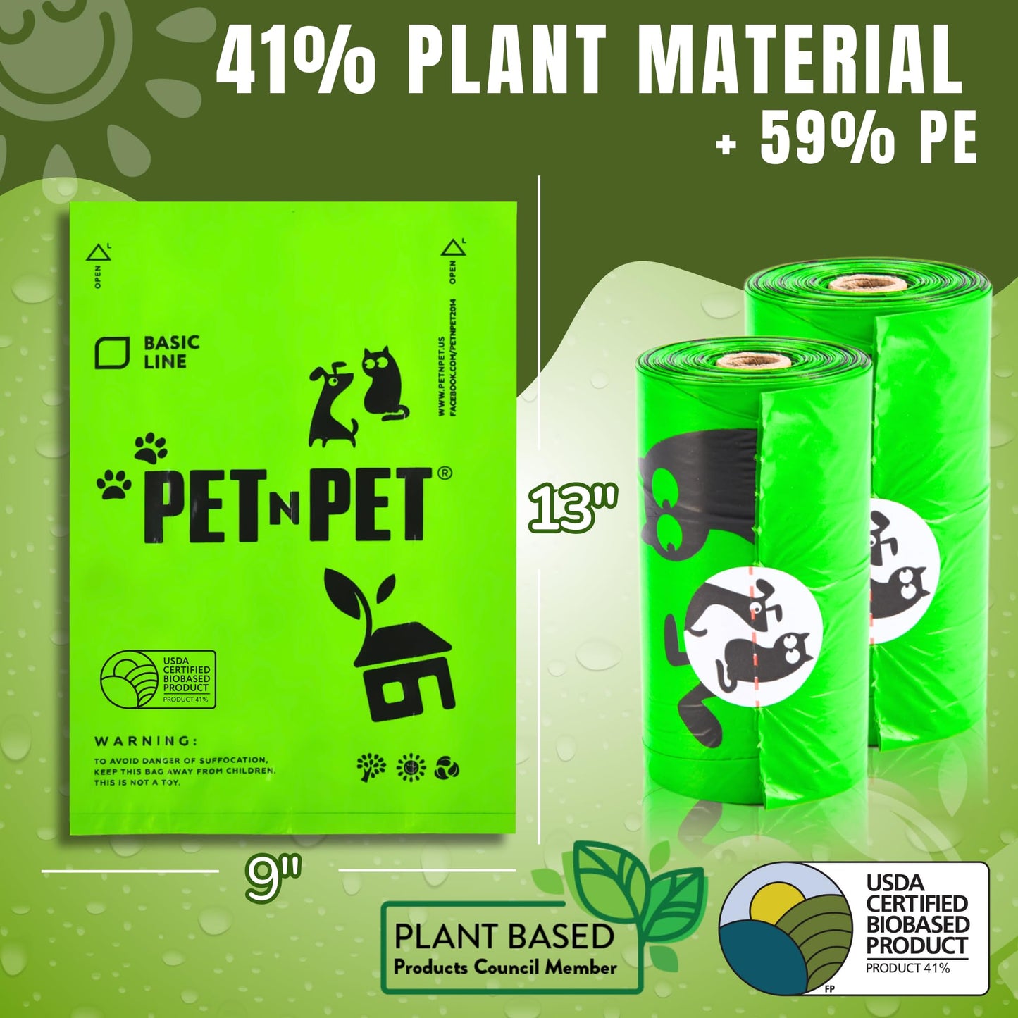 Pet N Pet Dog Poop Bags - USDA Certified 41% Plant-Based Doggy Poop Bags - Leak-Proof Sac Caca Chien Refill Rolls (1080 Count, Unscented, Green)