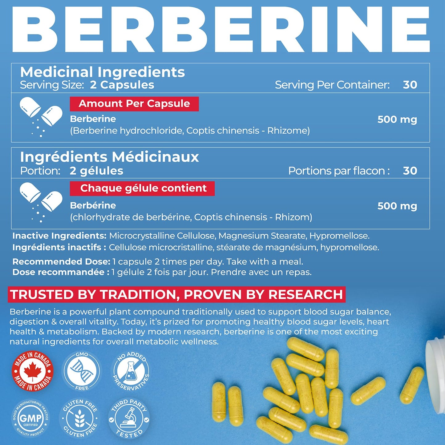 Berberine Supplement HCL 1000mg (2 x 500mg Vegan Capsules) | High Potency Berberine Supports Glucose, Fat Metabolism & Heart Health | Third Party Tested for Potency & Purity | Canadian Made, Quality Assured - Available at All In One Marketplace Canada