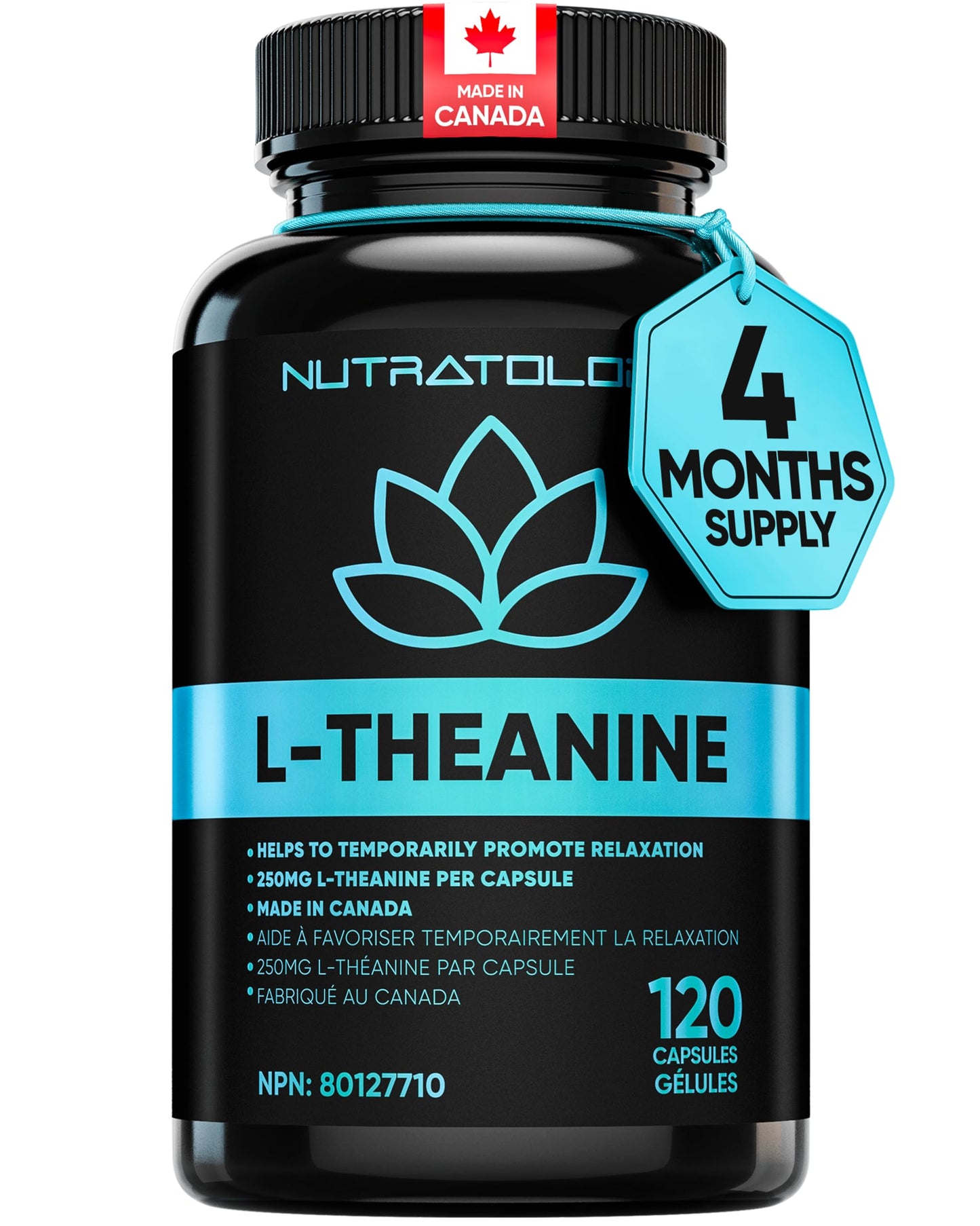 Nutratology® L-Theanine 250MG Capsules | Canadian-Made | For Stress Management | Promotes Relaxation & Calmness Without Drowsiness - L-Theanine Supplement for Stress Relief | 120 Capsules