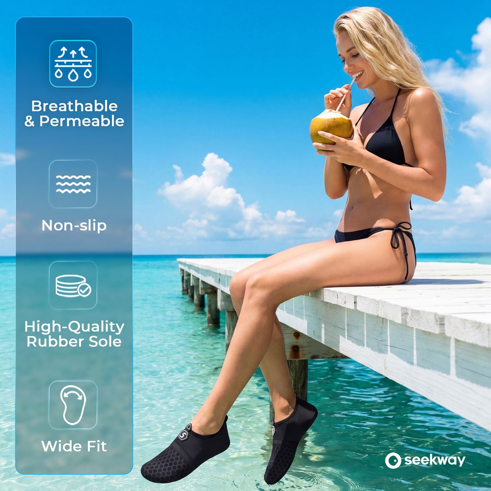 SEEKWAY Water Shoes Women Men Quick-Dry Beach Aqua Socks Barefoot Non Slip Swim Pool Outdoor Surf River Lake Yoga SK001 Black Size 8.5-9.5 W/7.5-8.5 M