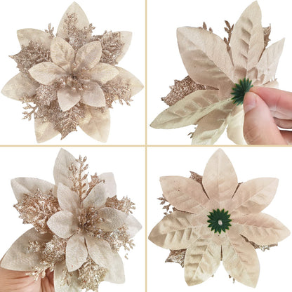 MIKAILE 20PCS Christmas Flowers Artificial with Clip, Christmas Poinsettia Flowers with Glitter Powder Decorations for Christmas Tree Garland Christmas Wreath Indoor Decorations (Champagne) 🍁 All In One Marketplace Canada