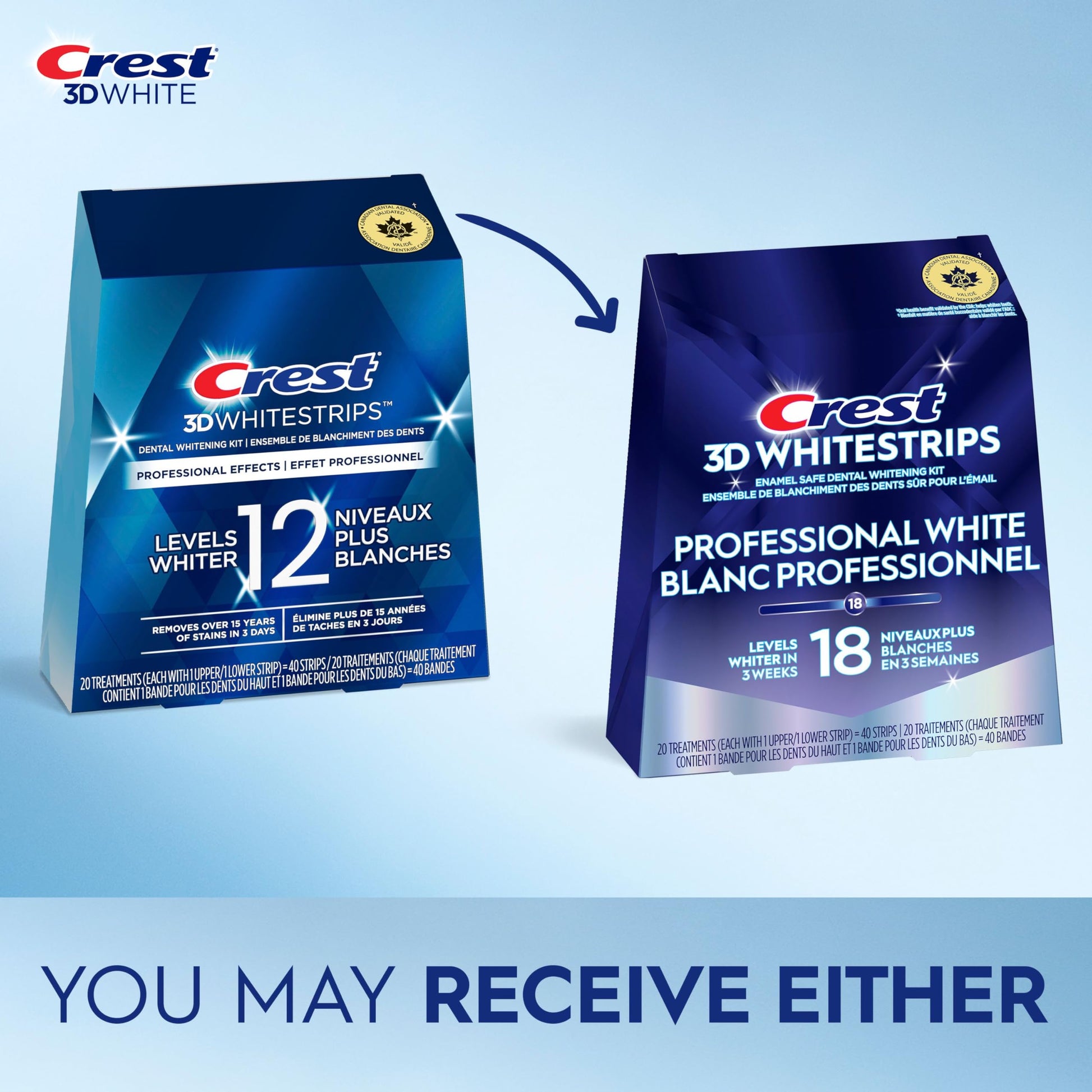 Crest 3D Whitestrips Professional White At-home Teeth Whitening Kit, 20 Treatments, 18 Levels Whiter - Available at All In One Marketplace Canada
