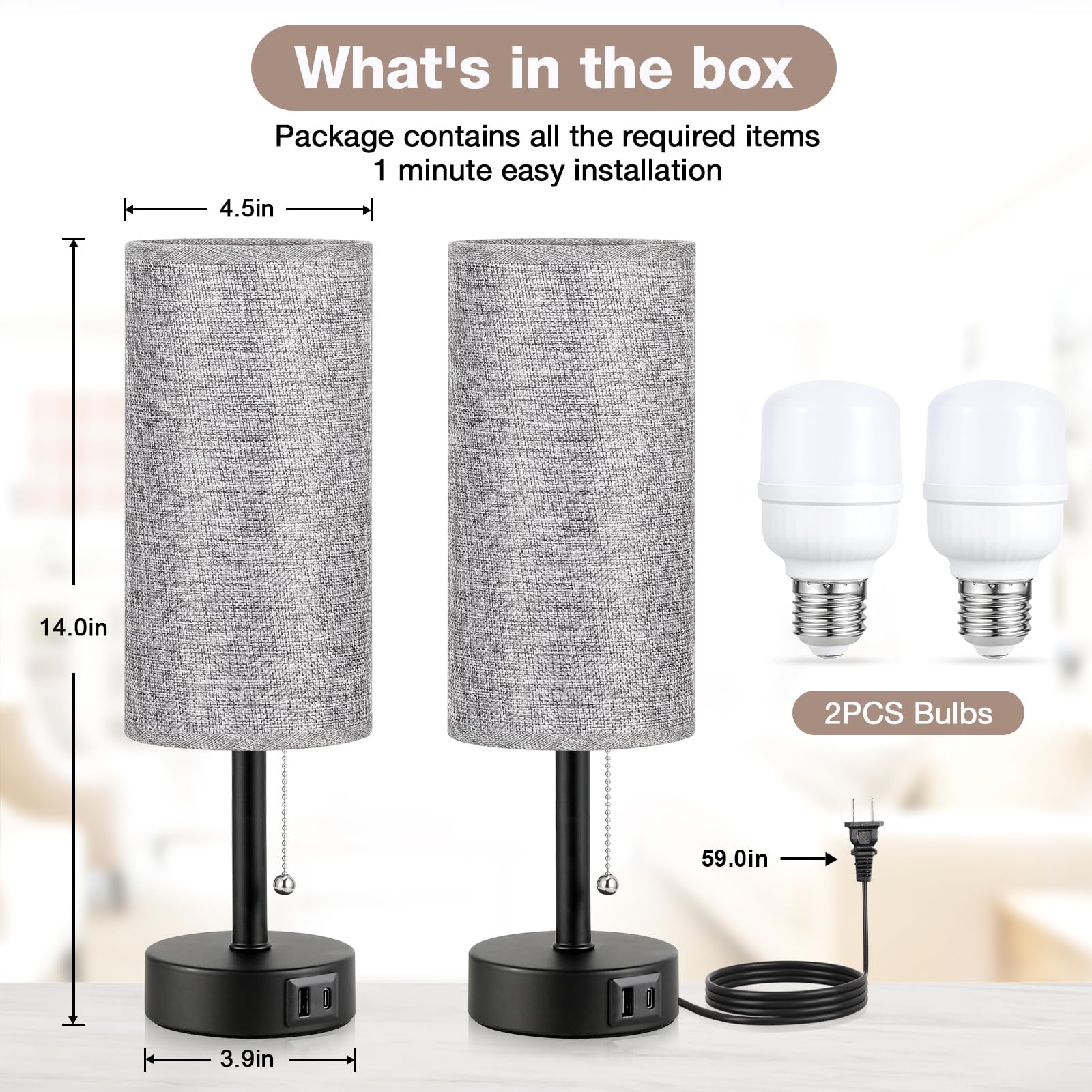 Grey Bedside Lamp for Bedroom Set of 2 - Nightstand Table Lamp with USB A + C Charging Port, 3 Color Temperatures Pull Chain Night Stand Light with Bulb, Side Table Desk Reading Lamp for Living Room - Available at All In One Marketplace Canada