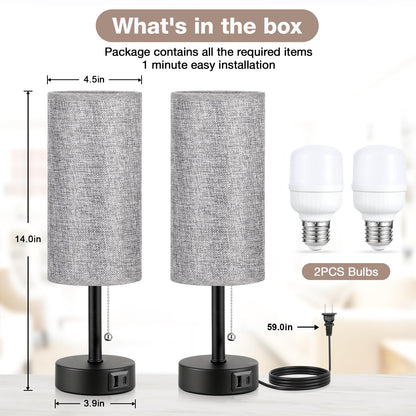 Grey Bedside Lamp for Bedroom Set of 2 - Nightstand Table Lamp with USB A + C Charging Port, 3 Color Temperatures Pull Chain Night Stand Light with Bulb, Side Table Desk Reading Lamp for Living Room - Available at All In One Marketplace Canada