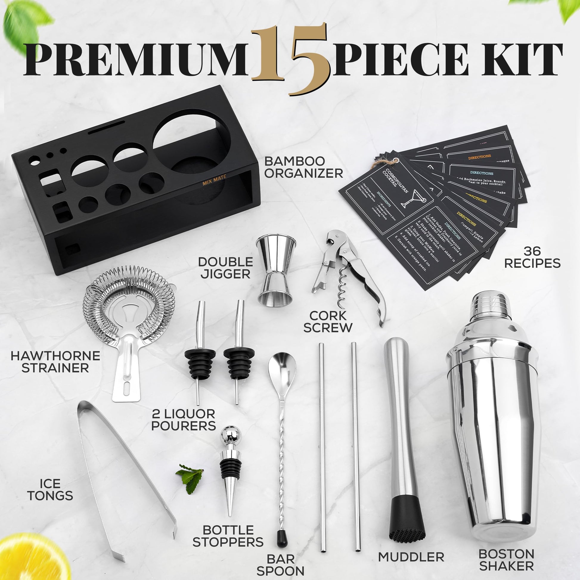 Mixology Bartender Kit with Stand | 15 Piece Bar Tool Set, Silver Bar Set Cocktail Shaker Set for Drink Mixing - Includes Martini Shaker, Jigger, Strainer, Bar Mixer Spoon, Tongs | Gift Idea (Silver) - Available at All In One Marketplace Canada