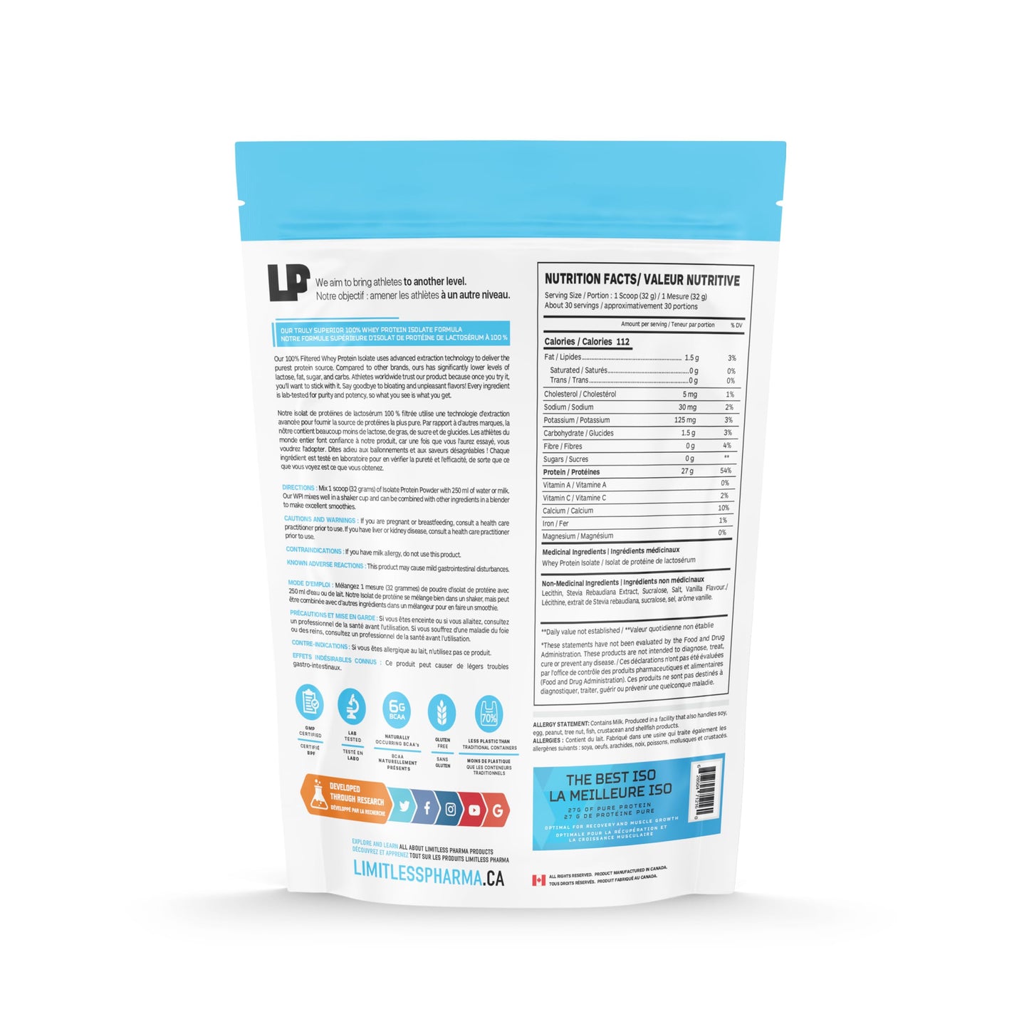 Limitless Pharma Pure Whey Isolate | High Protein Whey Isolate Powder | 27g Protein, 6g BCAAs, Sugar Free, Gluten Free, Low Carb, Low Lactose | 30 Servings, 2LB (Vanilla) - Available at All In One Marketplace Canada