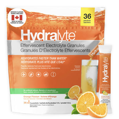 HydraLyte Electrolyte Powder, Low Sugar Electrolyte Packets Designed for Rapid Hydration, Safe Hydration for All Ages - Made with All Natural Ingredients, 36 Servings, Orange Flavour