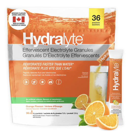HydraLyte Electrolyte Powder, Low Sugar Electrolyte Packets Designed for Rapid Hydration, Safe Hydration for All Ages - Made with All Natural Ingredients, 36 Servings, Orange Flavour