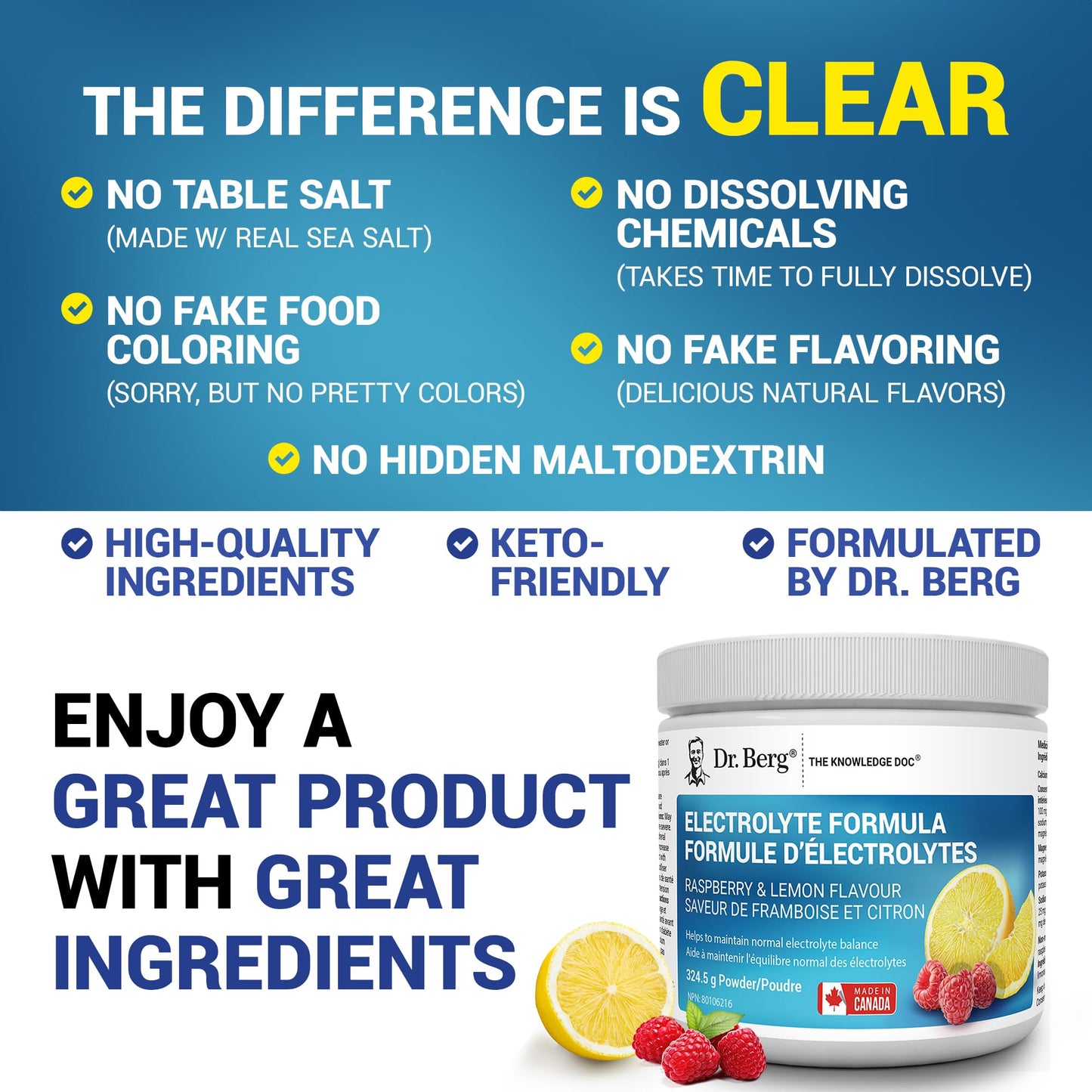 Dr. Berg Electrolytes Powder No Sugar - Enhanced w/ 1000 mg of Potassium & Real Sea Salt - Zero Sugar Electrolyte Powder - Raspberry & Lemon Flavor Hydration Powder Electrolytes - 50 Servings - Available at All In One Marketplace Canada