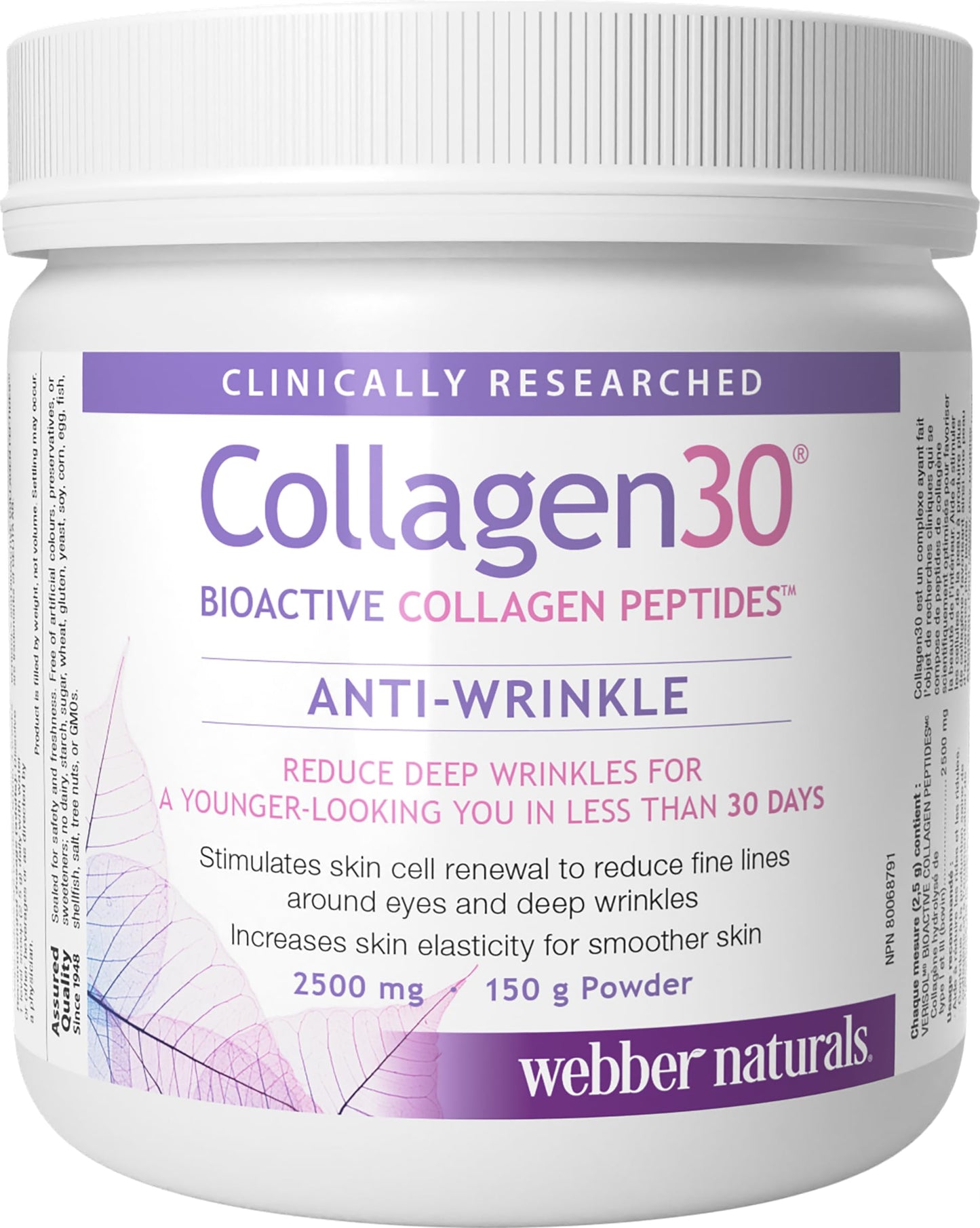 Webber Naturals Collagen30 Anti-Wrinkle Powder, 2500 mg of Bioactive Collagen Peptides Per Serving, 150 Grams, Helps Reduce Deep Wrinkles, Fine Lines & Stimulates Skin Cells - Available at All In One Marketplace Canada