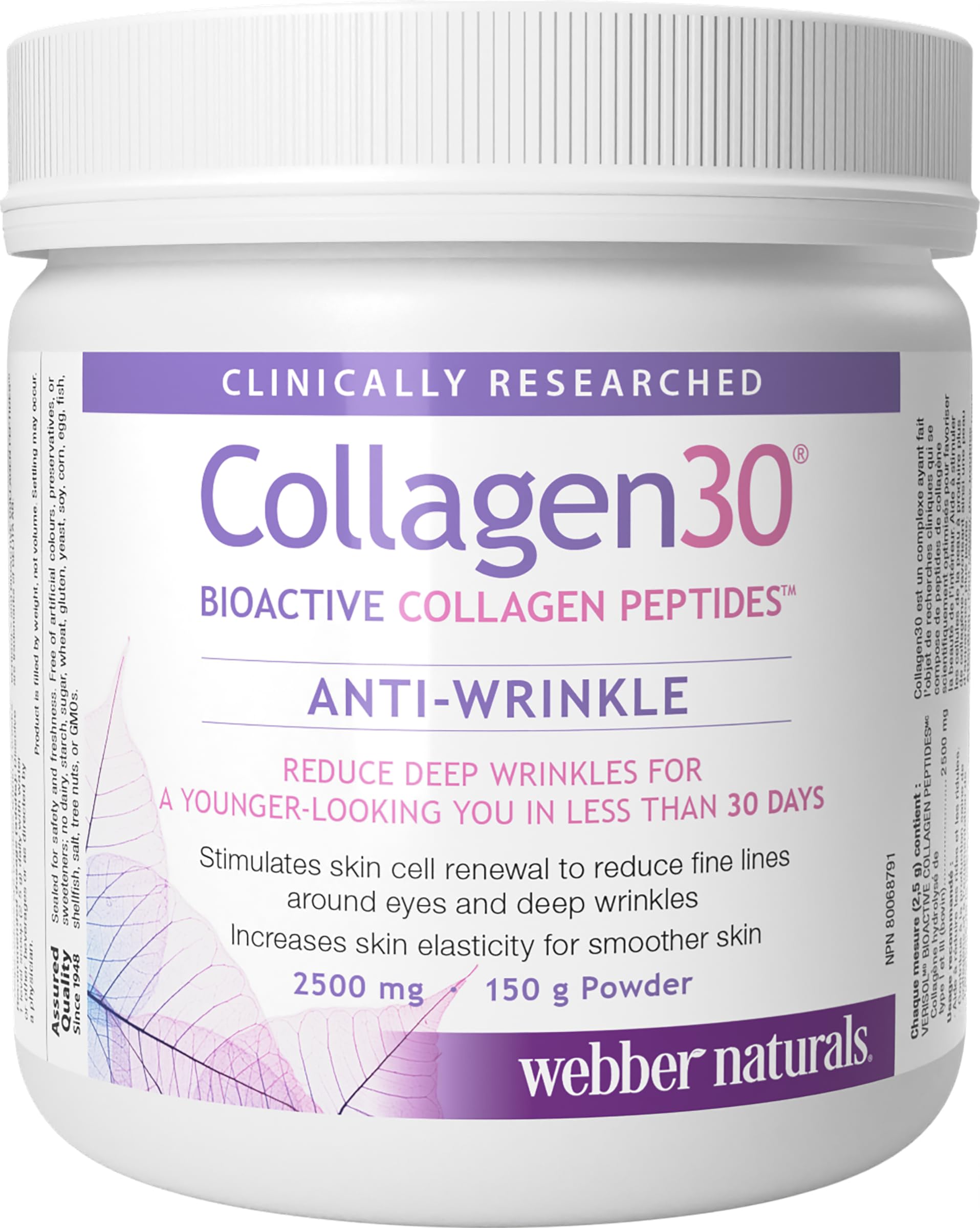 Webber Naturals Collagen30 Anti-Wrinkle Powder, 2500 mg of Bioactive Collagen Peptides Per Serving, 150 Grams, Helps Reduce Deep Wrinkles, Fine Lines & Stimulates Skin Cells - Available at All In One Marketplace Canada