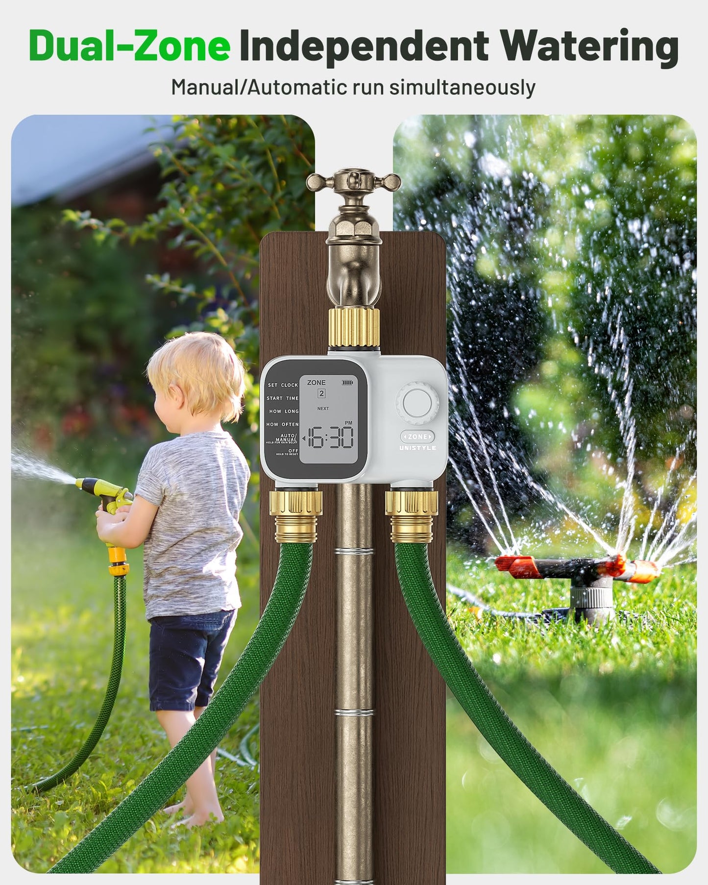 2027 New Upgrade Sprinkler Timer 2 Zone with Brass Inlet, Unistyle Water Timer for Garden Hose with Rain Delay and Manual Water/Automatic Irrigation, Hose Timers for Yard and Lawn Patio - Available at All In One Marketplace Canada