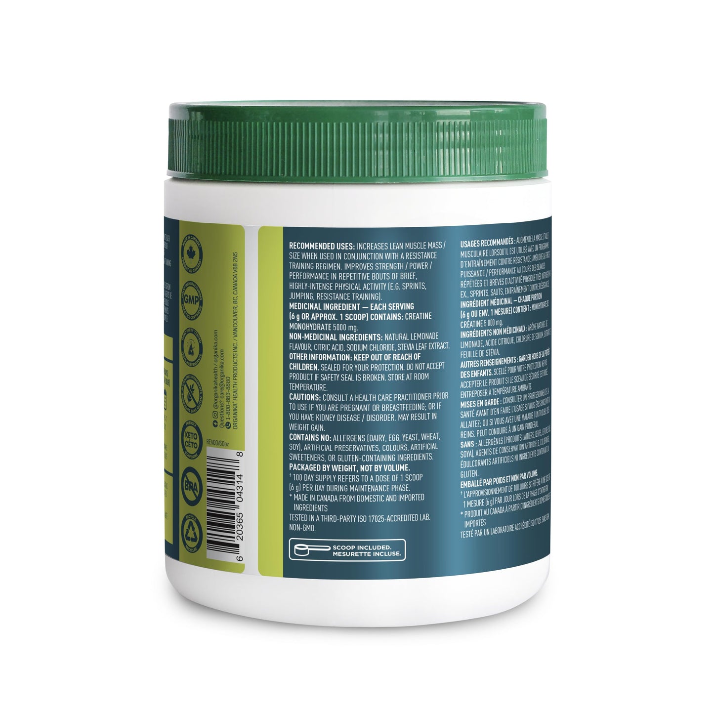 Organika Canadian-Made Creatine Powder- Lemonade- Pure Micronized Creatine Monohydrate - Helps Build Lean Muscle, Increase Strength, and Improved Recovery and Performance for Men and Women - 600g