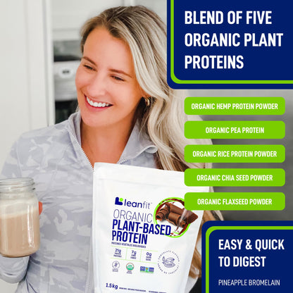 LEANFIT ORGANIC PLANT-BASED PROTEIN, Natural Chocolate - Vegan, Soy Free, Gluten Free, Dairy Free, Sugar Free - 21g Protein, 40 Servings, 1.5kg Bag