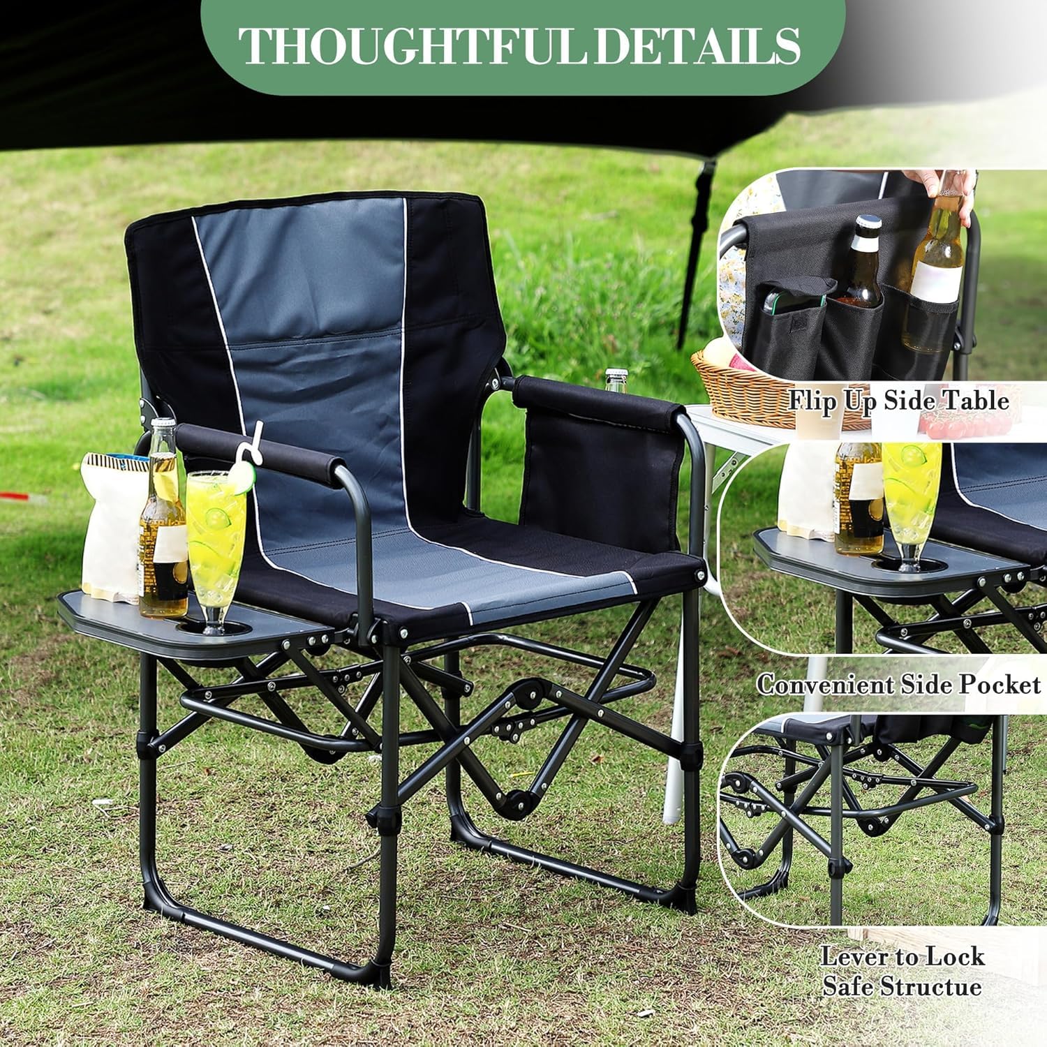 2 Pcs Oversized Heavy Duty Folding Camping Director Chair for Adults – Portable Outdoor Lawn Chair with Side Table, Side Pocket & Cup Holder – Ideal for Camping, Beach, Fishing, Garden, Deck, RV IDEALHOUSE