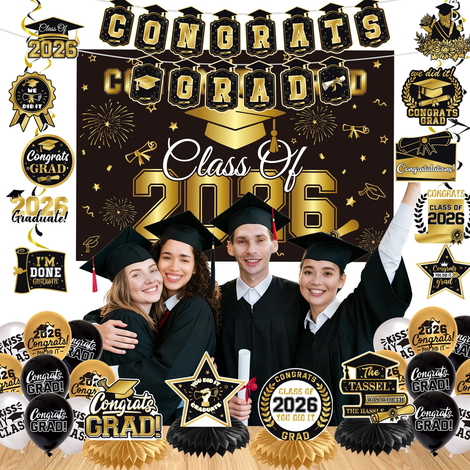Graduation Decorations 2026 Black Gold 35PCS, Pre-Strung Congrats Grad Banner, Class of 2026 Backdrop, Balloons, Hanging Swirls, Graduation Party Decorations,PRE-ASSEMBLED - Available at All In One Marketplace Canada