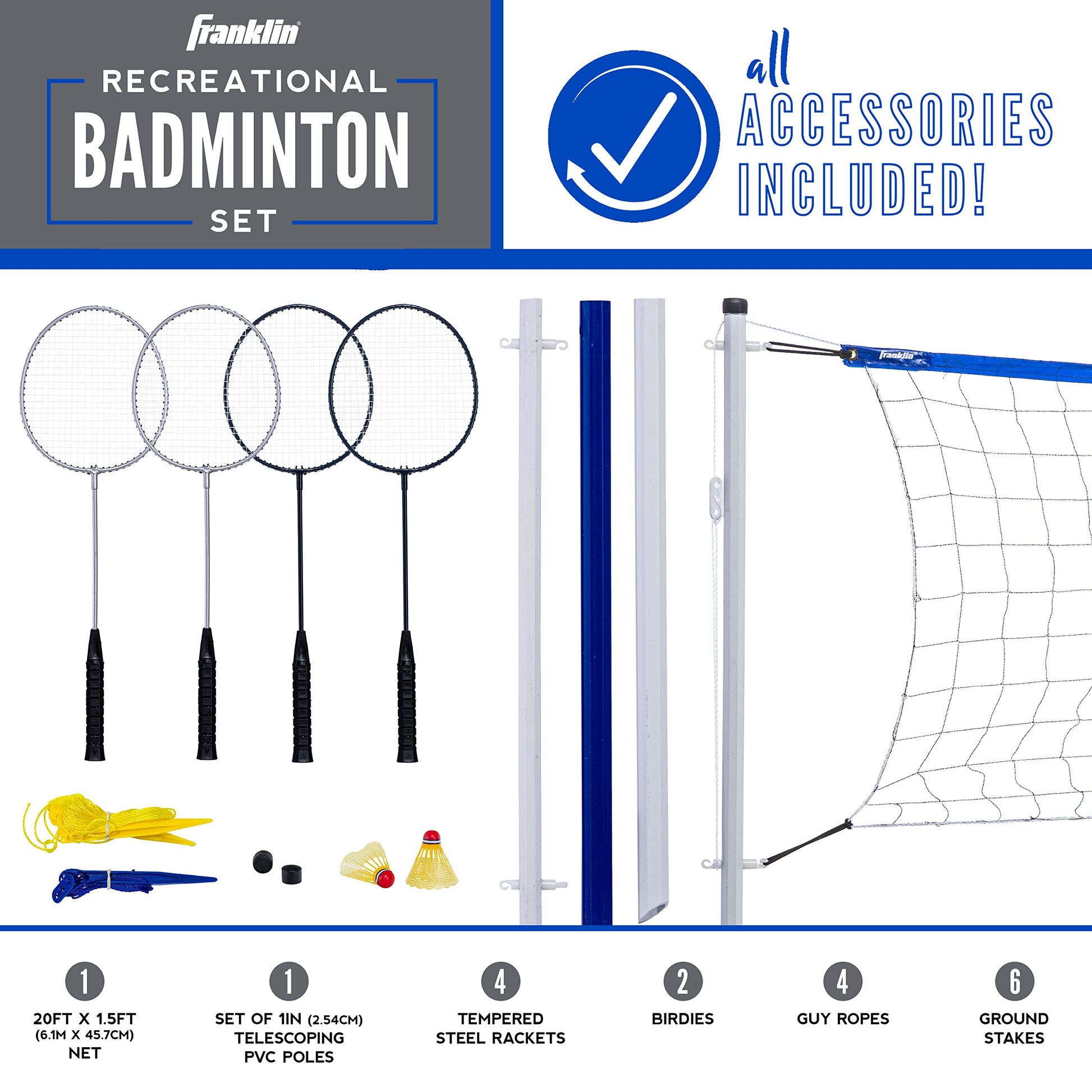 Franklin Sports Badminton Set - Portable Badminton Set - Adult and Kids Badminton Net - Perfect Backyard/Lawn Game - Includes 4 Badminton Racquets - Recreational Franklin Sports
