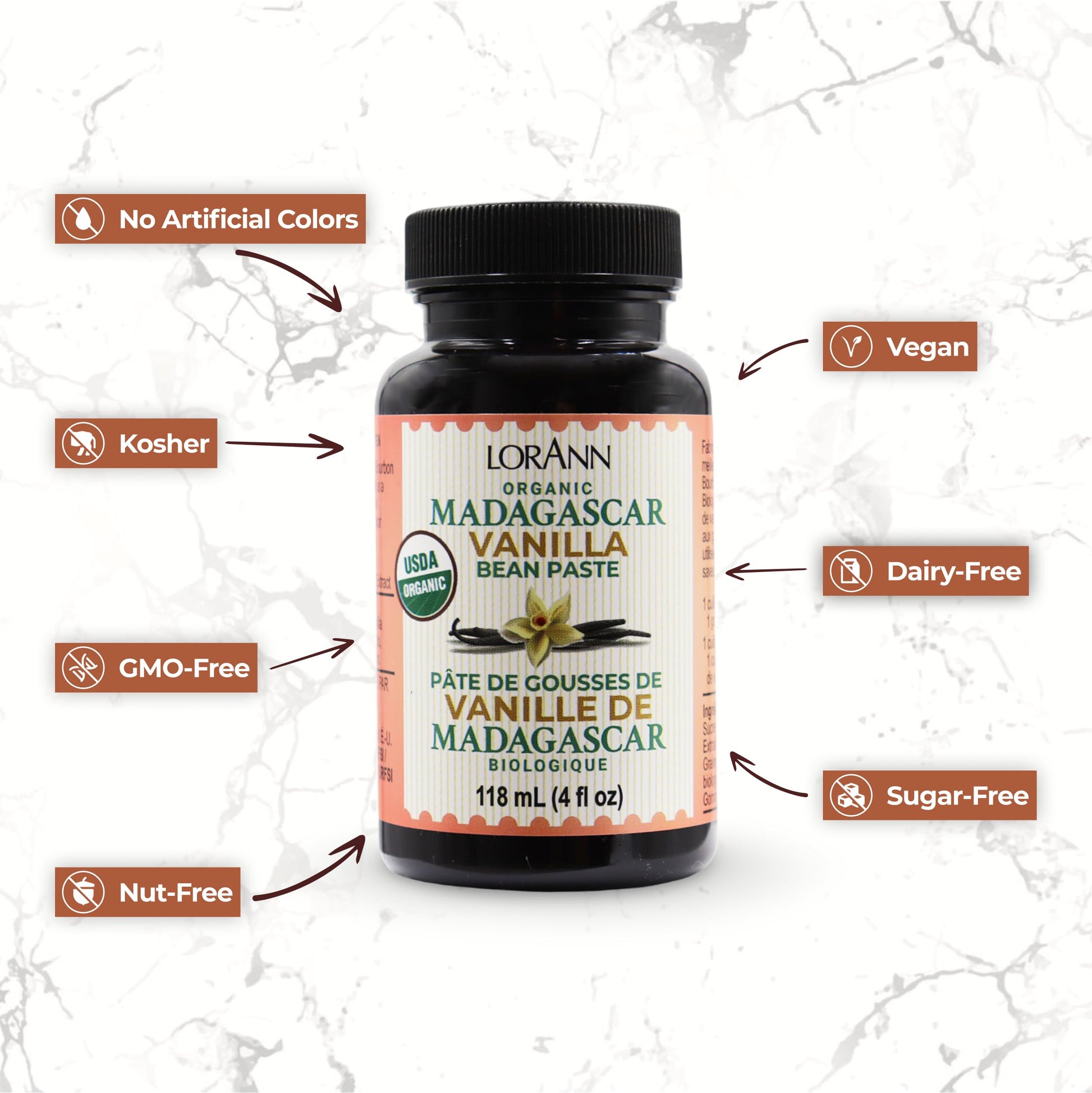 LorAnn Organic Madagascar Vanilla Bean Paste 4oz – Pure Madagascar Bourbon Vanilla with Real Seeds for Baking & Desserts – Vegan & Kosher