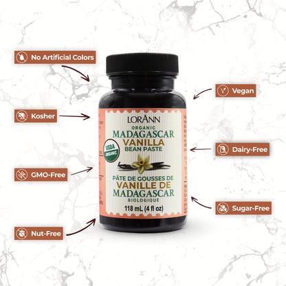 LorAnn Organic Madagascar Vanilla Bean Paste 4oz – Pure Madagascar Bourbon Vanilla with Real Seeds for Baking & Desserts – Vegan & Kosher
