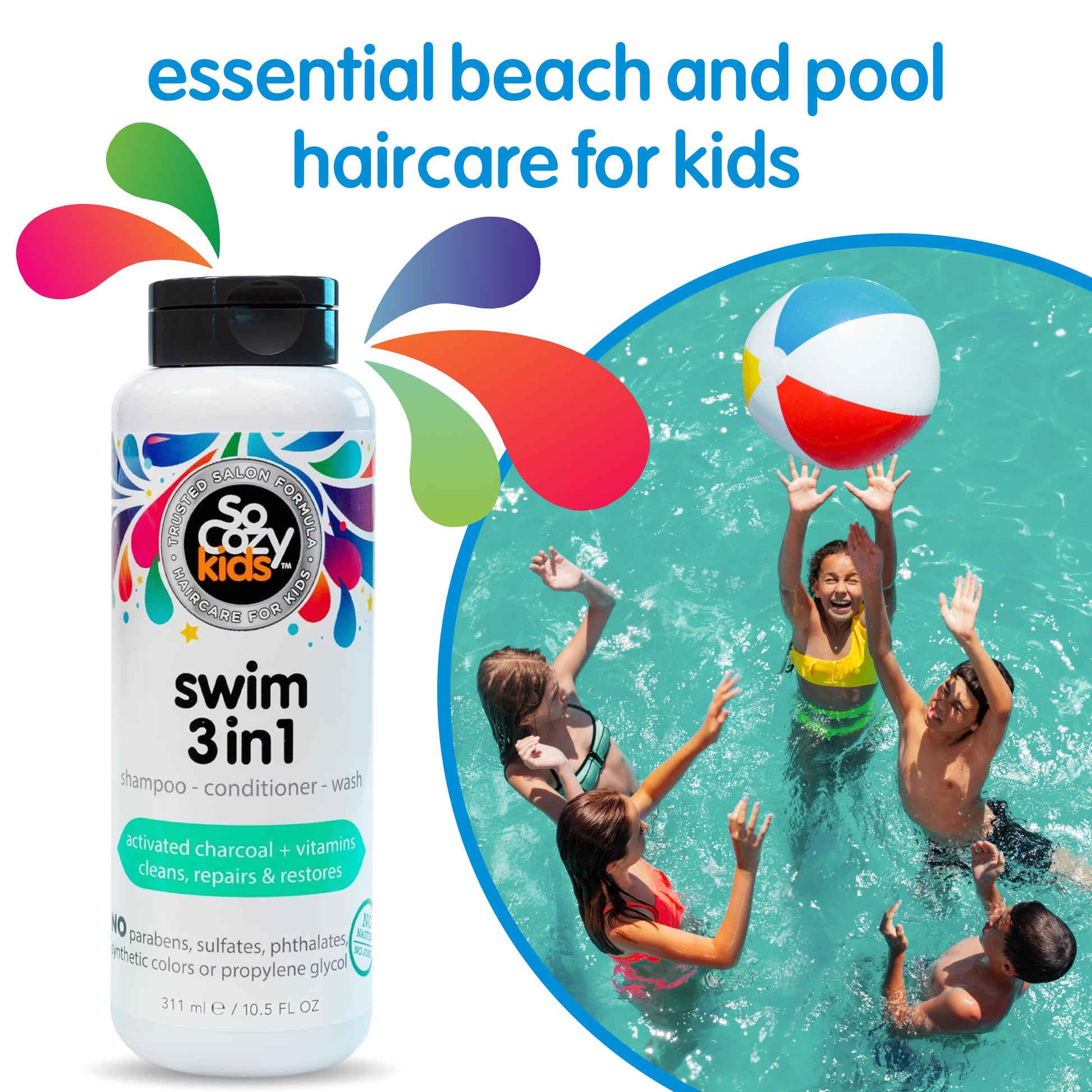 SoCozy Kids Swim 3-in-1 Shampoo, Conditioner & Body Wash - 3-in-1 Combo Pool Shampoo & Conditioner for Swimmers - Salt & Chlorine Removing Activated Charcoal for Toddler & Kids Hair After Swimming SO COZY