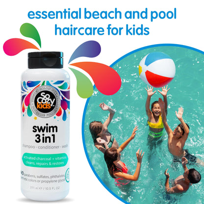 SoCozy Kids Swim 3-in-1 Shampoo, Conditioner & Body Wash - 3-in-1 Combo Pool Shampoo & Conditioner for Swimmers - Salt & Chlorine Removing Activated Charcoal for Toddler & Kids Hair After Swimming SO COZY