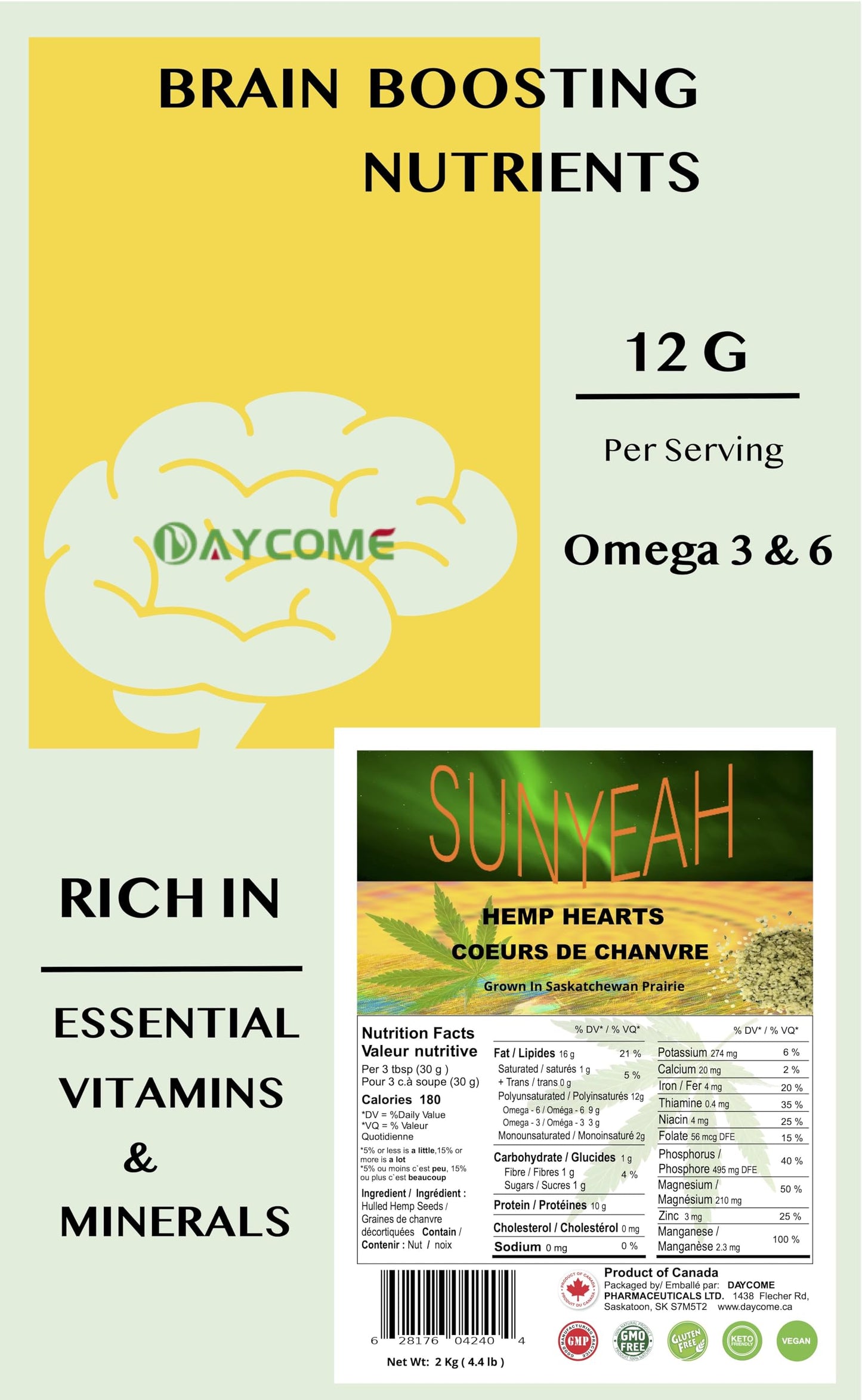 SUNYEAH Hemp Hearts - 2 kg Hulled Hemp Seeds from Saskatchewan, 12g Omega-3 & 6 per Serving, Non-GMO Vegan Keto