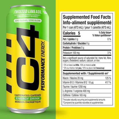 Cellucor C4 Performance Energy Drink, Twisted Limeade, Carbonated Sugar Free Drink with no Artificial Colours or Dyes, 473mL, 12 count