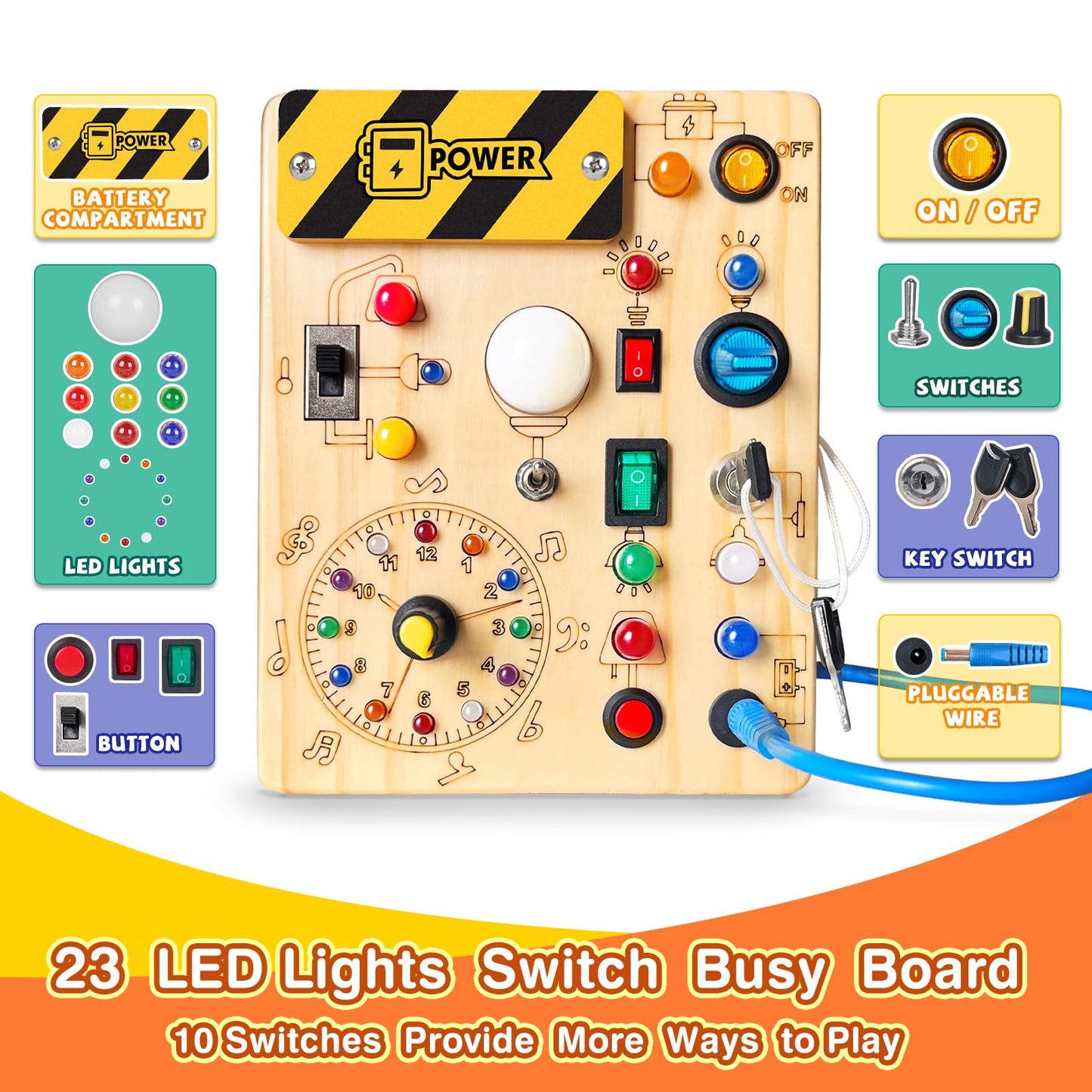 Busy Board Plus Version with 23 LED Lights, Montessori Sensory Fidget Toys for Toddlers 1-3, Wooden Educational Activity for Fine Motor Skills, Quiet Airplane Travel Must Haves for 1 2 3+ Year Old