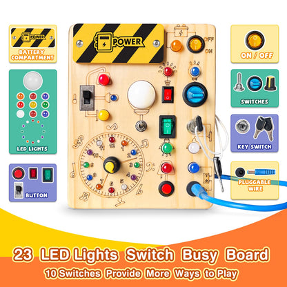 Busy Board Plus Version with 23 LED Lights, Montessori Sensory Fidget Toys for Toddlers 1-3, Wooden Educational Activity for Fine Motor Skills, Quiet Airplane Travel Must Haves for 1 2 3+ Year Old