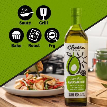 Chosen Foods 100% Pure Avocado Oil 25.3 oz, Non-GMO, for High-Heat Cooking, Frying, Baking, Homemade Sauces, Dressings and Marinades, 750.0 ml (Pack of 1)