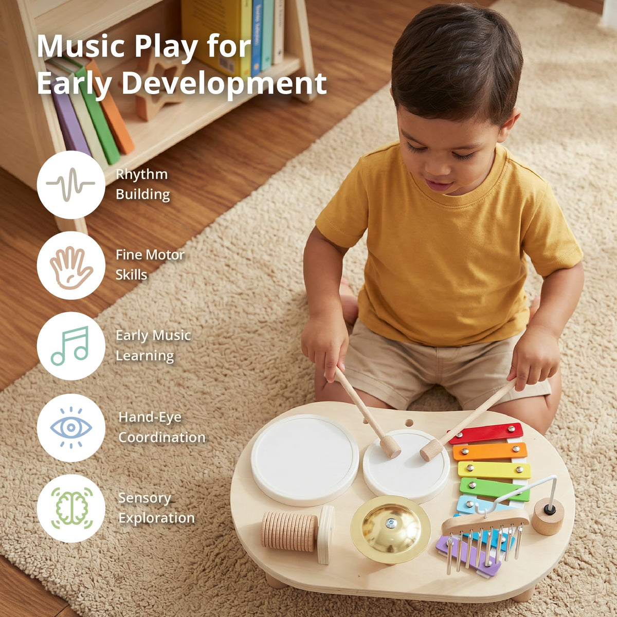 Promise Babe Wooden Musical Instruments , Percussion Instruments Baby Drum Set Xylophone, Montessori Educational Musical Toys, Gifts for Girls Boys Christmas 🍁 All In One Marketplace Canada