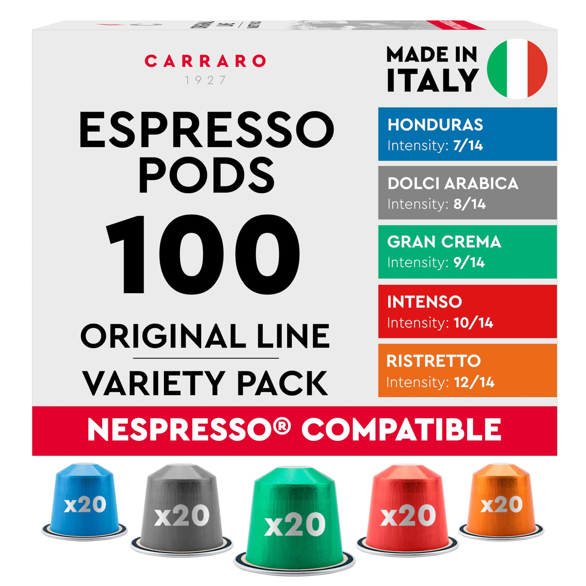 CARRARO 100-Pod Variety Pack - Nespresso Original Compatible Aluminum Capsules - Italian Medium & Dark Roast Selection