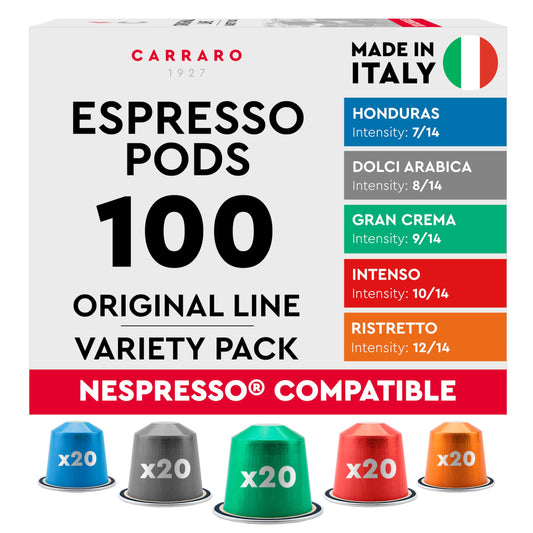 CARRARO 100-Pod Variety Pack - Nespresso Original Compatible Aluminum Capsules - Italian Medium & Dark Roast Selection