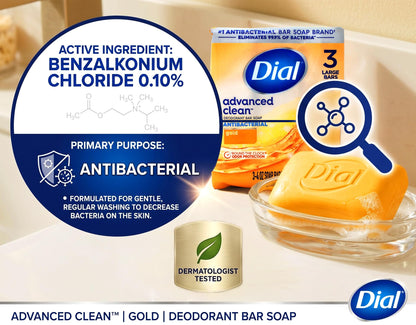 Dial Advanced Clean Deodorant Bar Soap Antibacterial Gold 3 Bars - Available at All In One Marketplace Canada