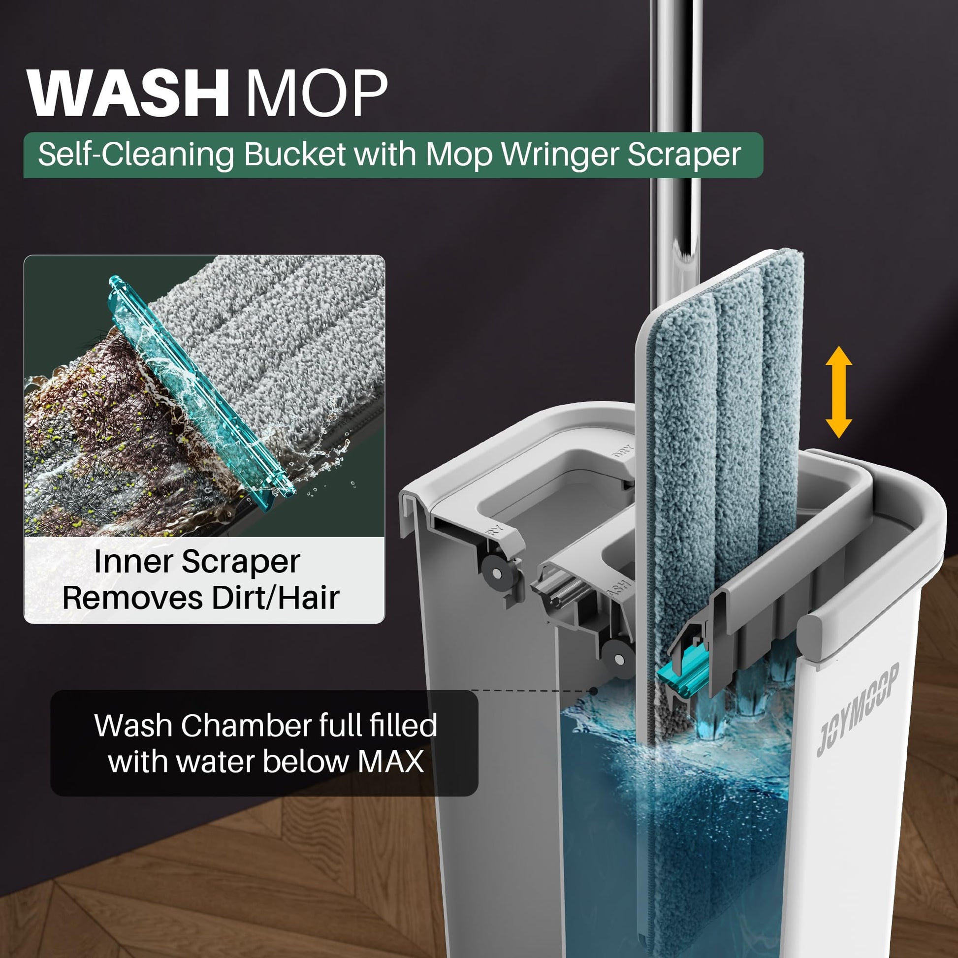 JOYMOOP Hands Free Flat Floor Mop and Bucket with Wringer Set, 3 Washable Microfiber Mops, Wet and Dry Use, Floor Cleaning System