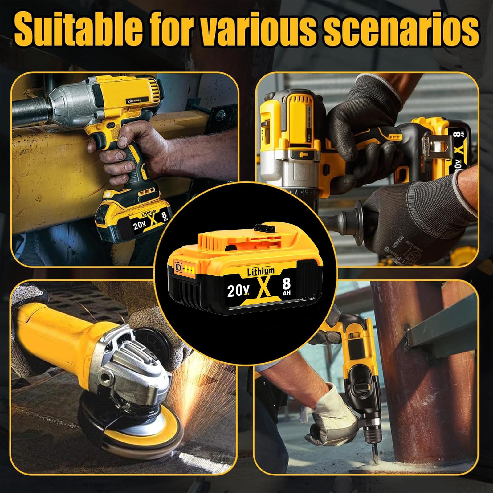 Replacement for Dewalt 20V MAX Battery 8.0Ah 2-Pack - High-Capacity Lithium Batteries Compatible with DCB208, DCB200, DCB206, DCB205, DCB204, DCB203, DCB180 - Longer Runtime for Dewalt Cordless Tools