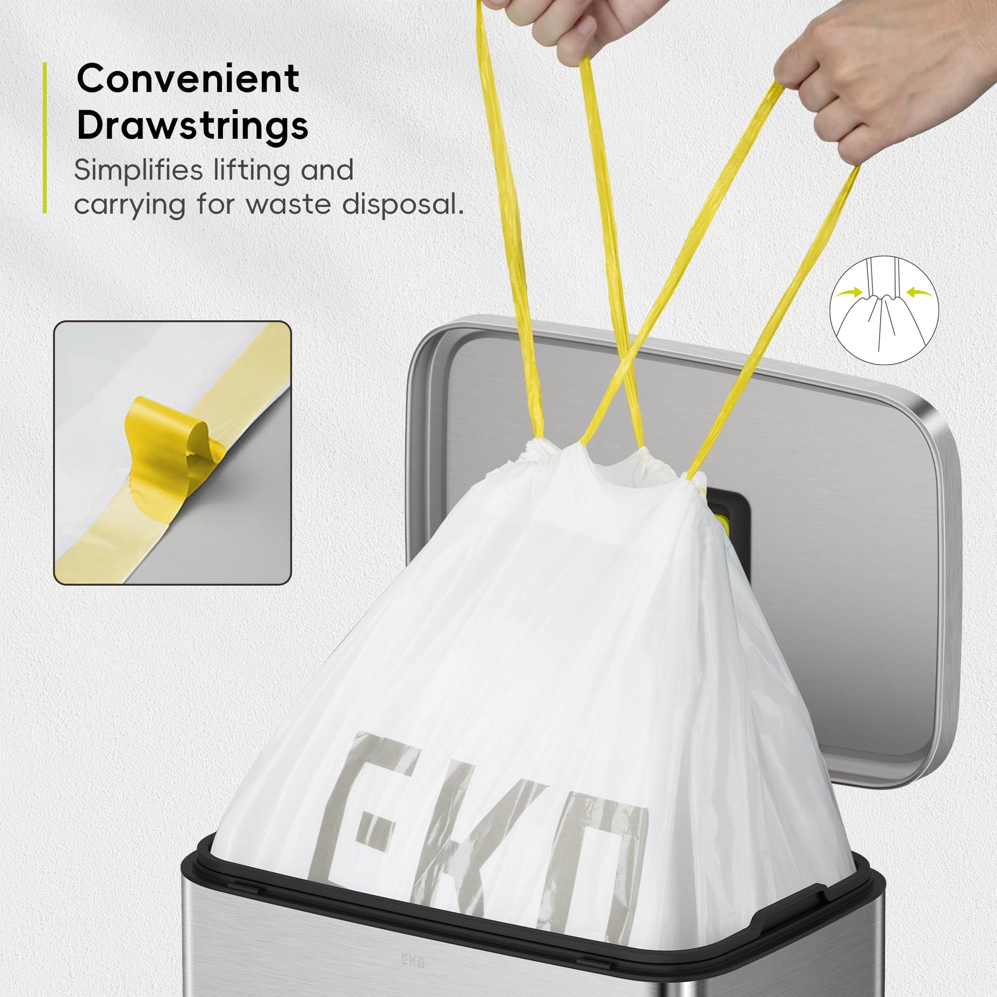 EKO 13 Gallon / 40-60 Liter Drawstring Trash Bags, Extra-Strong Unscented Garbage Bags, 60 Count Easy-Dispense Roll for Kitchen & Household Use, Leak-Resistant, Code F, White EKO