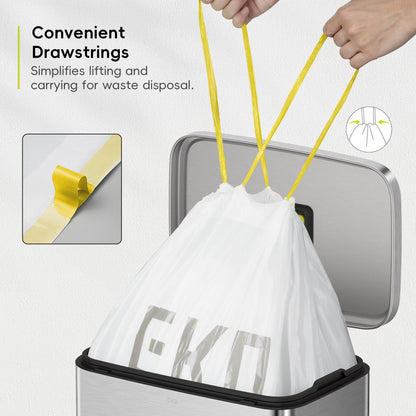EKO 13 Gallon / 40-60 Liter Drawstring Trash Bags, Extra-Strong Unscented Garbage Bags, 60 Count Easy-Dispense Roll for Kitchen & Household Use, Leak-Resistant, Code F, White EKO