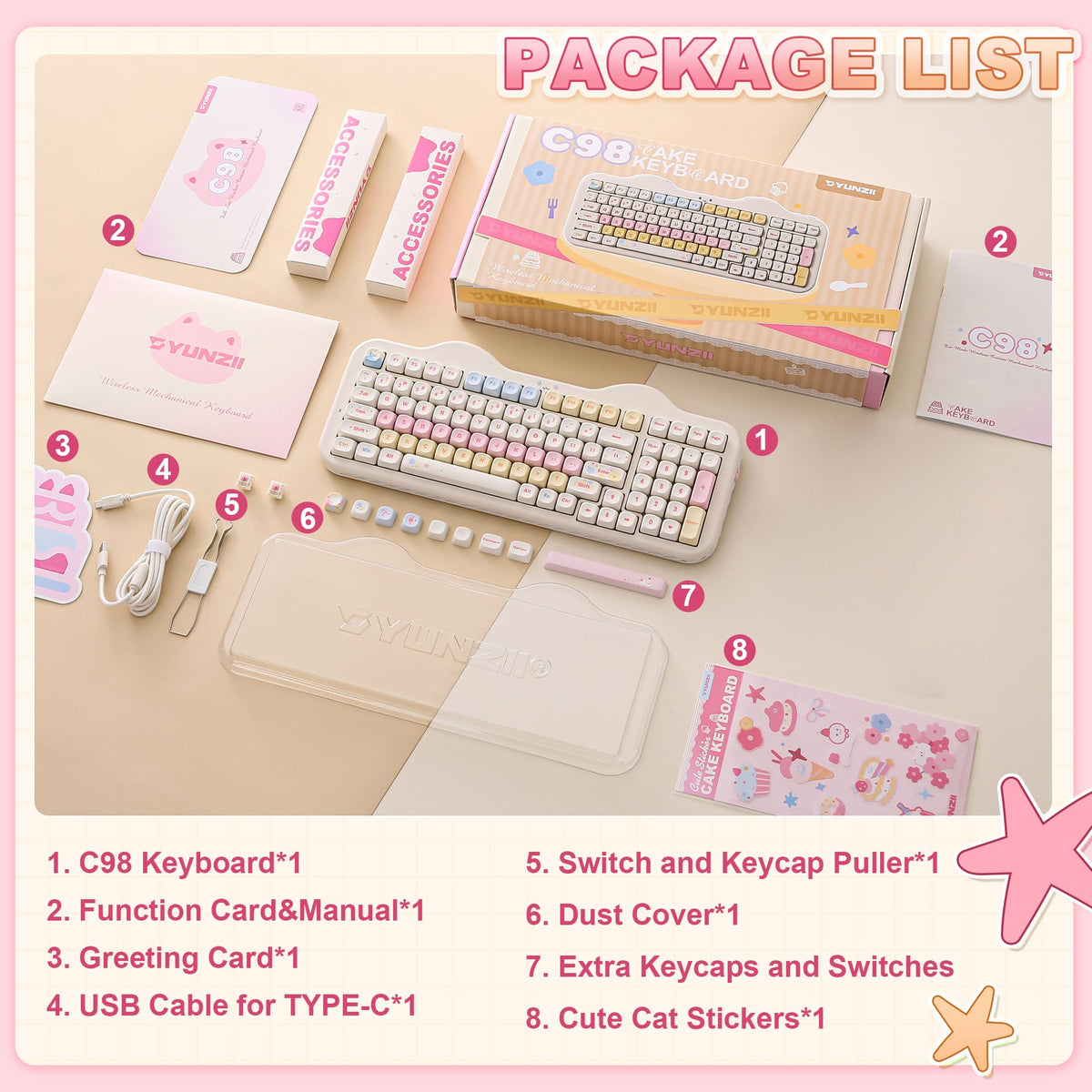 YUNZII C98 Cute Cake Wireless Mechanical Keyboard (Beige, Candy Switch) 🍁 All In One Marketplace Canada